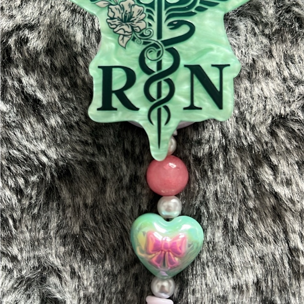 RN Caduceus Badge Reel with Mint & Pink Heart Charm